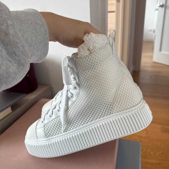 NWT Miu Miu Platform High Top Sneakers White Mesh Lace Up Sz 39 - Picture 6 of 8